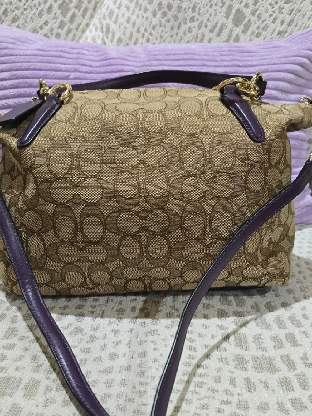 Coach Kelsey Brown Signature Satchel with Purple Leather Accents - Picture 5 of 15
